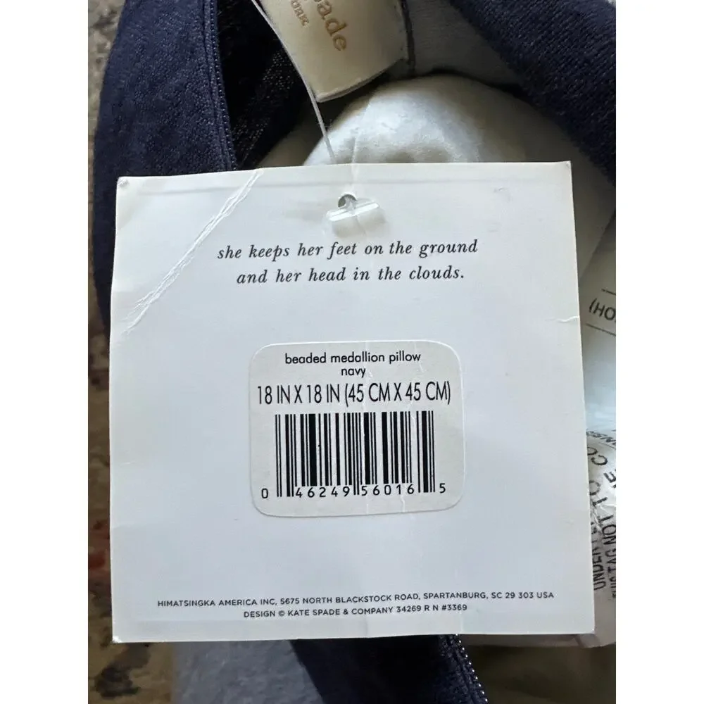 NWT Kate Spade Beaded Medallion Navy Throw Pillow 18” x 18”